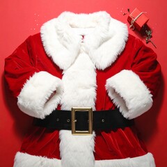 A santa suit and gift box on a red colored surface