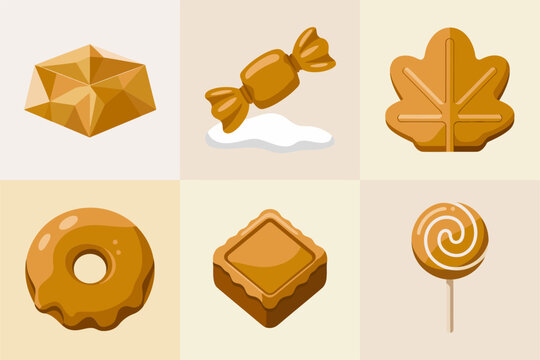 Modern flat color vector icons for autumn desserts, showing donut, wrapped candy, lollipop, and maple leaf,