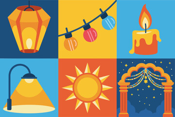 Flat vector icon set for festival and celebration events, featuring glowing lantern, burning candle, decorative archway, street lamp, and rising sun symbol.