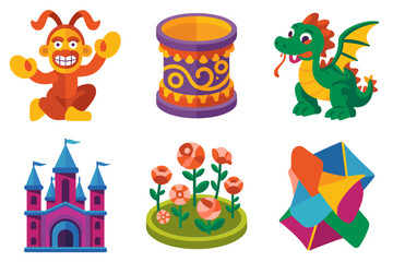 Flat vector icon set for fairytale and fantasy, featuring magical dragon, festive drum, colorful flower garden, castle, and abstract diamond shape.