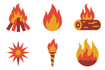 Colored outline vector icons for fire and heat, illustrating burning campfire, wood log, bright torch, fireworks, and sunburst light symbol.