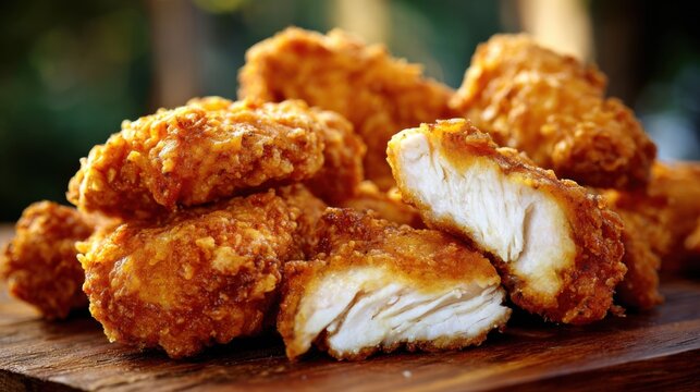 Delicious golden fried chicken nuggets are arranged on a rustic wooden platter. Each piece is crispy on the outside with a tender juicy inside perfect for snacking or sharing.
