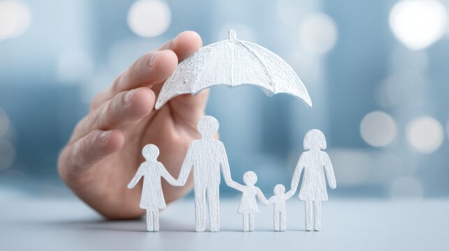 A hand holds a paper umbrella over a family figure illustration symbolizing protection and support. The scene conveys warmth and security against lifes challenges.