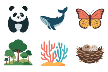 Minimal flat vector icons for wildlife and nature, featuring panda, whale, butterfly, forest trees, bird nest, and underwater coral reef.