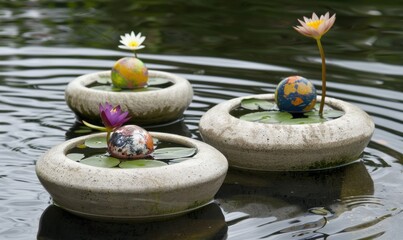Decorative floating plant composition in water garden for relaxation