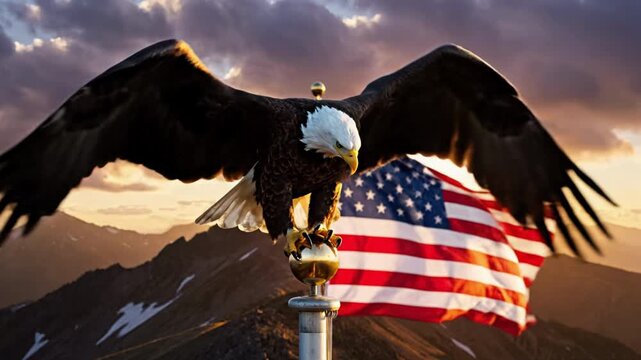 Majestic Bald Eagle Landing on Flagpole in Ultra Slow Motion at Sunset