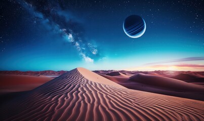 Desert landscape under a starry sky with planet futuristic scene
