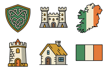 Naklejka premium Flat vector icon set for Irish symbols and landmarks, illustrating Celtic shield, castle, flag, cottage, map, and round tower.