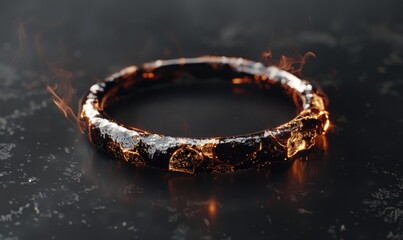 Dramatic ring on dark surface with flames for jewelry or conceptual image