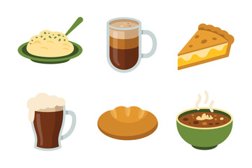 Flat vector icon set for traditional Irish food, illustrating savory stew, dark beer, slice of pie, bread, and hot beverage.