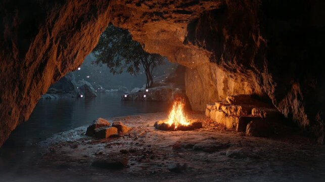 a campfire for lighting inside the cave at night is very beautiful. seamless looping time-lapse virtual 4k video Animation Background.	