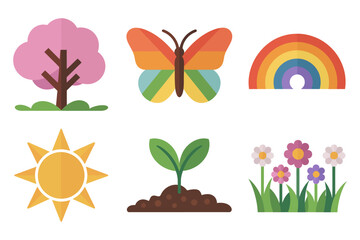 Fototapeta premium Stylized flat vector icons for nature and seasons, showing butterfly, rainbow, sun, growing plant, flower, and natural environment.