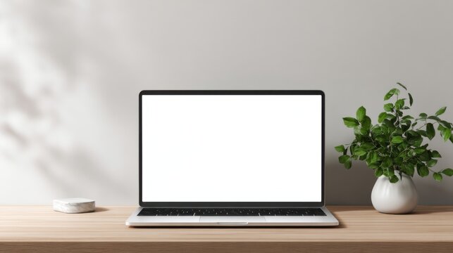 A clean workspace features a modern laptop with a blank screen placed on a wooden desk. A green indoor plant in a white pot adds life to the simple and organized setup. - Powered by Adobe