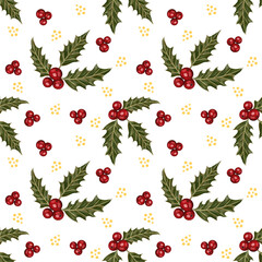 Seamless Christmas pattern. Christmas holly branch with red berries. 