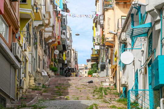 A residential pedestrian street accessed by stairs in the Kumkapi Quarter of the Fatih district of Istanbul, Turkey.