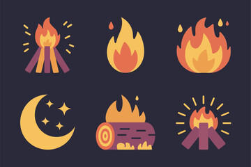 Stylized flat vector icons for fire and campfire, featuring burning logs, colorful flames, night sky, moon, and stars symbols.
