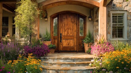 A stunning wooden door stands at the entrance of a welcoming home surrounded by vibrant flowers and greenery. Sunlight enhances the cheerful ambiance.