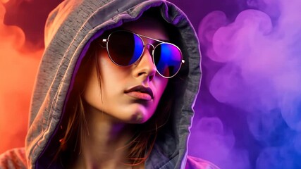Mysterious Persona: A stylish individual shrouded in an enveloping hooded sweatshirt and striking sunglasses exudes an air of enigmatic allure, posed against a backdrop of vibrant smoke.