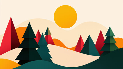 Fototapeta premium Minimal christmas landscape with geometric pine tree shapes and warm sun in abstract winter forest scene