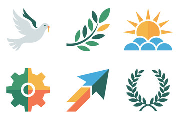 Colored outline vector icons for business and innovation, showing dove, sun, leaf, gear, paper airplane, and laurel wreath.
