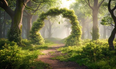 Enchanted forest path with green archway fantasy woodland scene