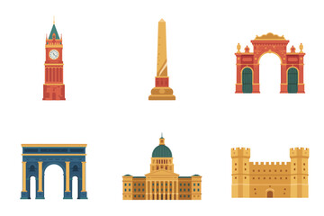 Flat vector icon set for famous architecture and landmarks, featuring clock tower, arch, castle, and domed building.