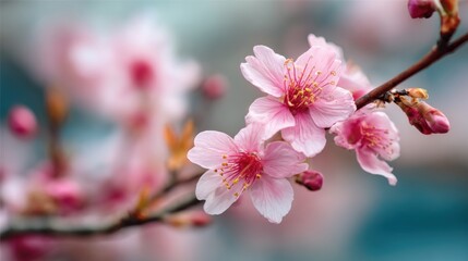 Obraz premium In spring cherry blossoms reveal their beautiful pink petals adding color to the greenery. These flowers symbolize renewal and the joy of natures beauty.
