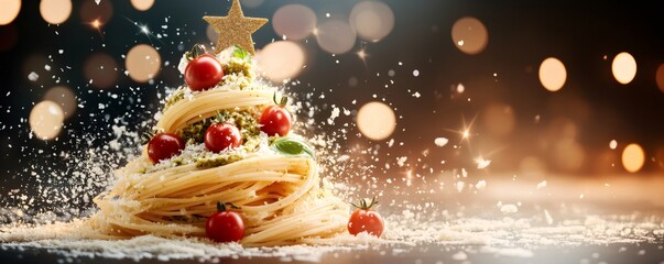 Spaghetti pasta forming a festive christmas tree decorated with cherry tomatoes, basil, pesto, and grated parmesan