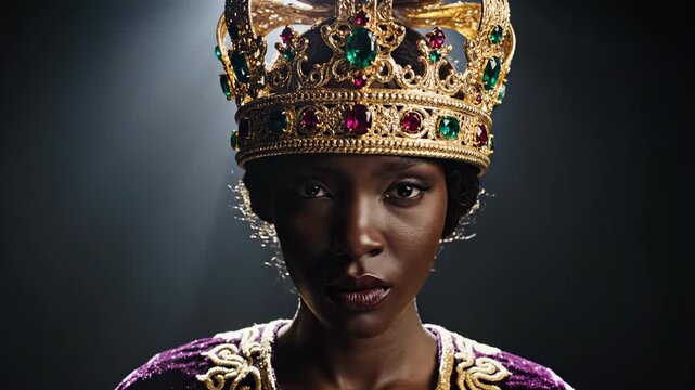Majestic Black Queen Wearing a Jeweled Crown and Royal Robes.