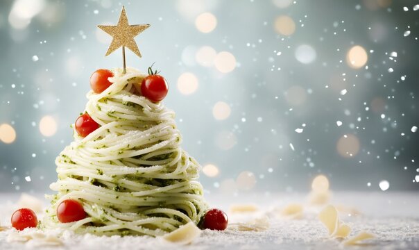 Spaghetti with pesto forming a festive christmas tree shape, decorated with cherry tomatoes and a golden star, with falling snow