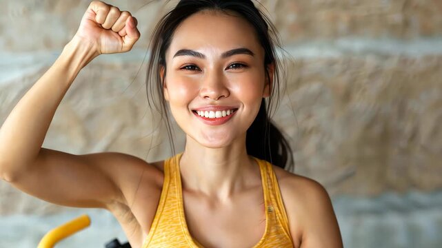 Fitness Victory: A radiant woman celebrates her fitness progress with a triumphant fist pump, showcasing determination and healthy lifestyle.