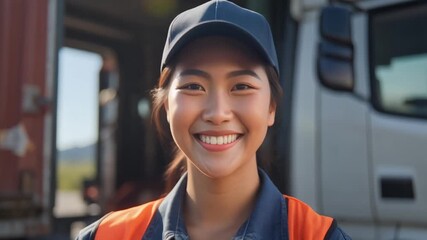 Portrait of a Smiling Asian Woman Truck Driver in Front of Her Truck