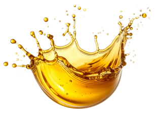 Golden liquid splash with dynamic droplets and highlights