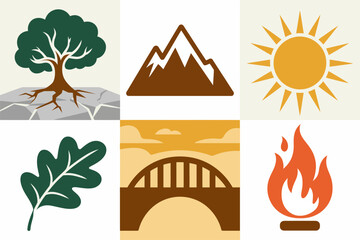 Colored outline vector icons for nature and outdoor, showing tree, mountains, sun, rock arch, bridge, and campfire symbols.
