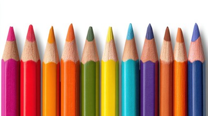 Fototapeta premium A collection of sharpened colored pencils lined up in a row against a white background. Each pencil showcases a vibrant hue creating a visually striking display.
