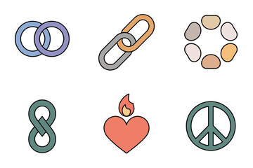 Flat vector icon set for unity and love, featuring interlocking rings, heart, peace sign, infinity symbol, and connection.