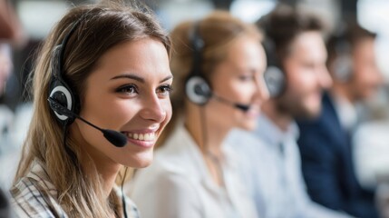 A friendly female customer service representative wears a headset while assisting clients. She shares a smile with coworkers in a lively call center environment.