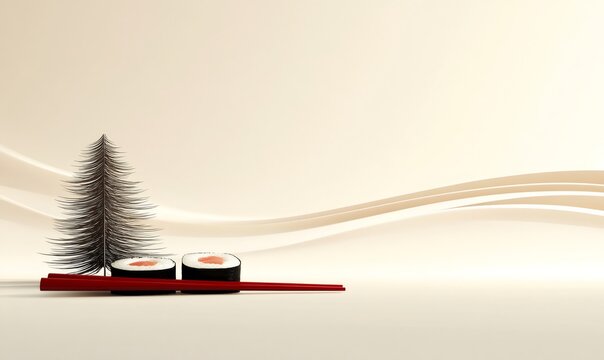 Sushi rolls with chopsticks and a minimalist christmas tree on a beige background, representing festive fusion cuisine