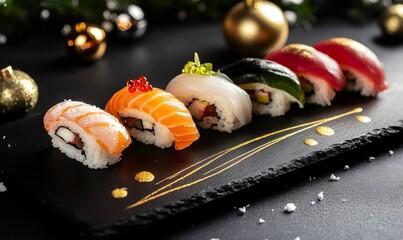 Sushi rolls on a slate plate decorated with gold lines and christmas ornaments, creating a holiday food concept