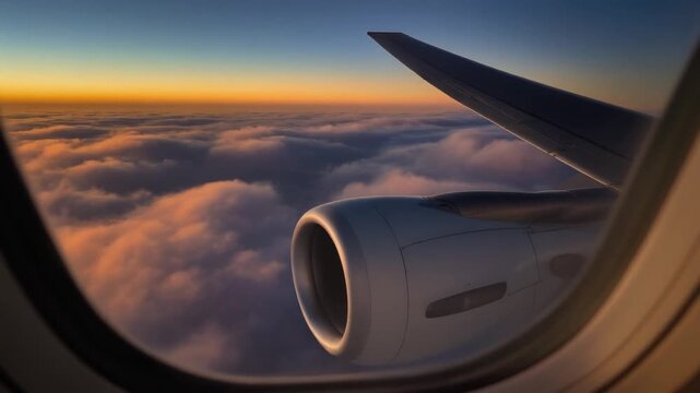 View from an airplane window at sunset over a sea of clouds with the engine and wing visible.