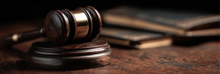 Judges Gavel on Desk Signifies Authority and Justice as Ruling is Prepared in Courtroom Setting