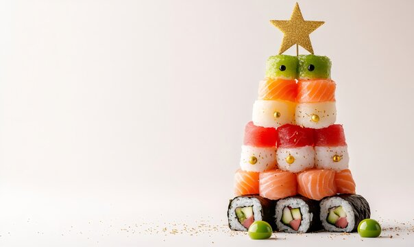 Japanese sushi rolls and nigiri stacked into a christmas tree shape, creatively arranged with a star topper for holiday dining - Powered by Adobe