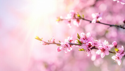 Branch of delicate pink cherry blossoms basks in warm sunlight, creating serene and uplifting atmosphere. soft focus background enhances beauty of flowers