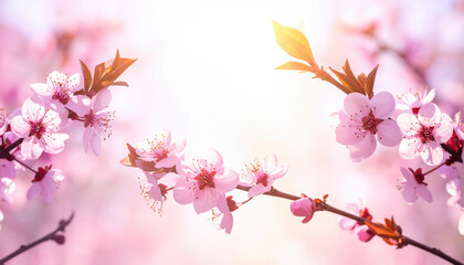 Obraz premium Delicate pink cherry blossoms in full bloom against soft, glowing background create serene and uplifting atmosphere. sunlight filters through petals, enhancing their beauty