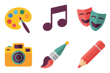 Colored outline vector icons for art and creativity, showing camera, brush, palette, music notes, mask, and pencil symbols.