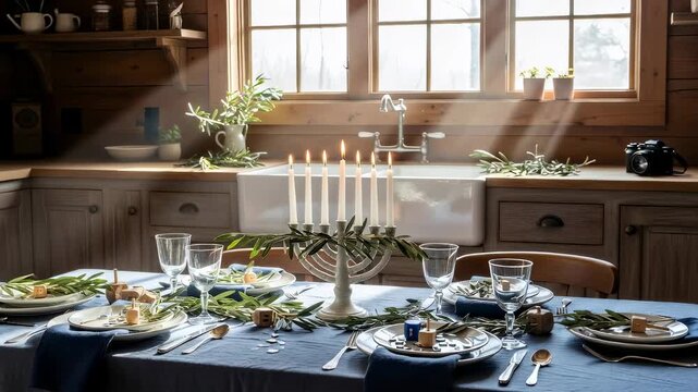 Hanukkah table setting with lit menorah and dreidel for holiday meal preparation and celebration in a rustic home