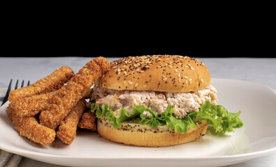 chicken salad  sandwich with chicken fries
