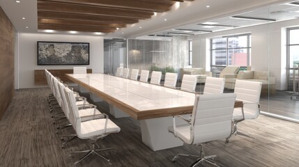 Bright and spacious conference room featuring a long white table surrounded by sleek white chairs. Glass walls allow natural light to fill the space creating a professional atmosphere.