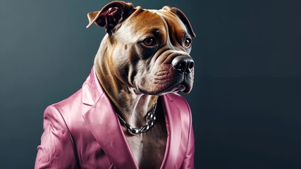 Stylish Canine in Formal Wear: A well-groomed dog exudes confidence in a tailored pink jacket and an elegant necklace, against a backdrop of sophisticated color.
