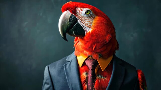 Parrot in Suit: A vividly colored parrot in a sophisticated suit commands attention, blending the exoticism of nature with the formality of business attire.